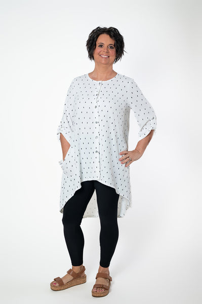Pure Essence Abstract Dot Print Hi/Low Button Front Tunic - White/Black