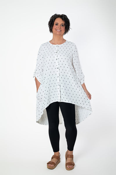 Pure Essence Abstract Dot Print Hi/Low Button Front Tunic - White/Black