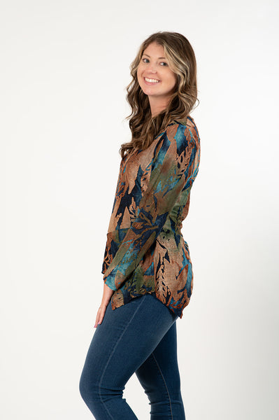 Radzoli Sharkbite Hem Round Neck Long Sleeve Burnout Tunic - Blue/Brick/Olive