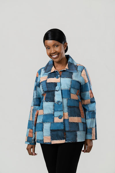 Radzoli Patchwork Print Denim Swing Jacket - Blue/Multicolor