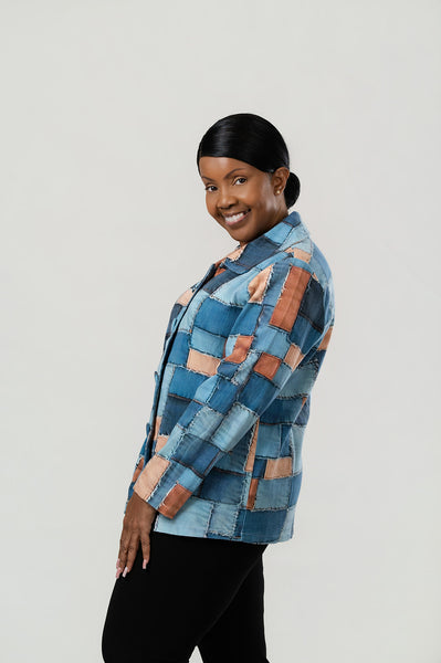 Radzoli Patchwork Print Denim Swing Jacket - Blue/Multicolor