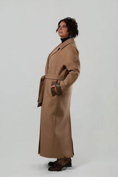 Rafaello Double Breasted Belted Cashmere Blend Coat with Leather Trim - Pastore