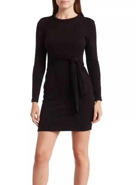 Tash + Sophie by Tiana B Long Sleeve Textured Self-Tie Belt Dress - Black