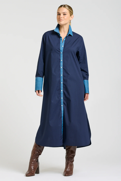 Shirty Pia Longline Cotton Shirt Dress - French Navy/Denim