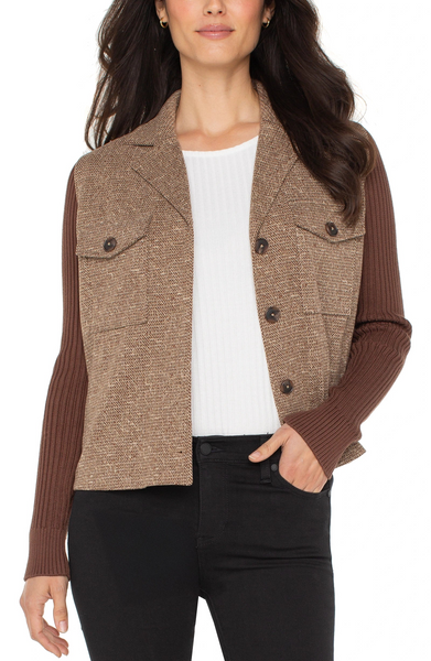 Liverpool Shacket with Sweater Knit Sleeves - Brown/Camel Herringbone