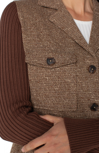 Liverpool Shacket with Sweater Knit Sleeves - Brown/Camel Herringbone