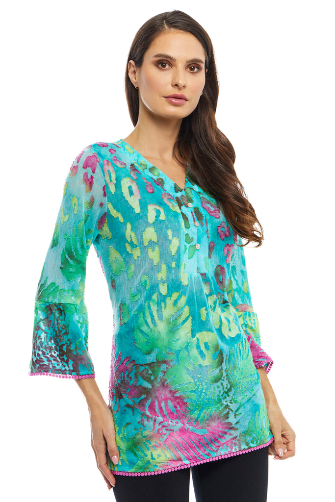 Adore Apparel V-Neck Button Detail Bell Sleeve Burnout Top - Turquoise/Multicolor