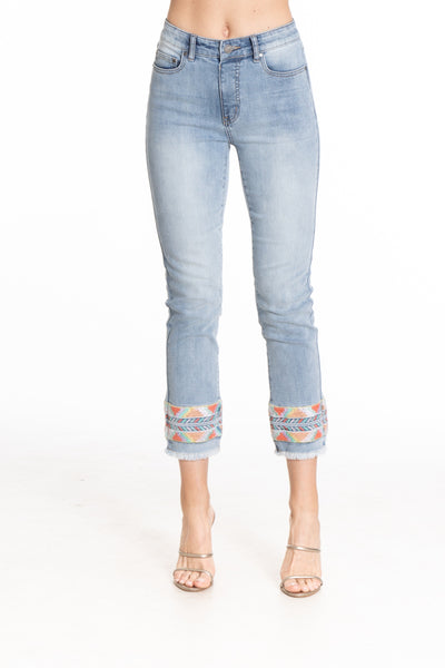 APNY Apparel Embroidered Trim Crop Jean - Light Indigo