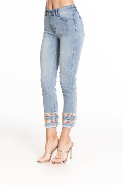 APNY Apparel Embroidered Trim Crop Jean - Light Indigo