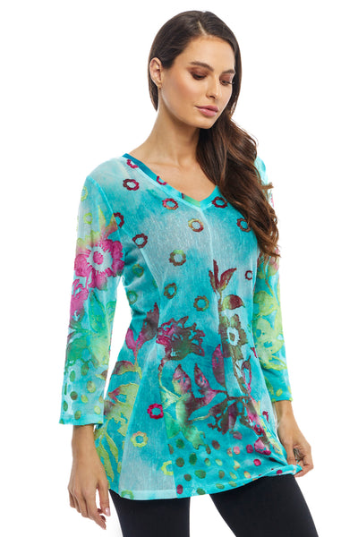 Adore Apparel V-Neck 3/4 Sleeve Burnout Tunic - Turquoise/Multicolor