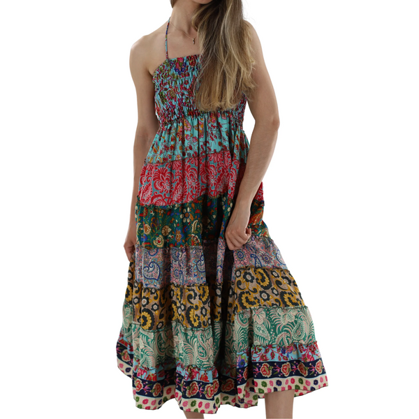 La Fiorentina Bianca Smocked Silk Halter Dress - Turquoise/Multicolor
