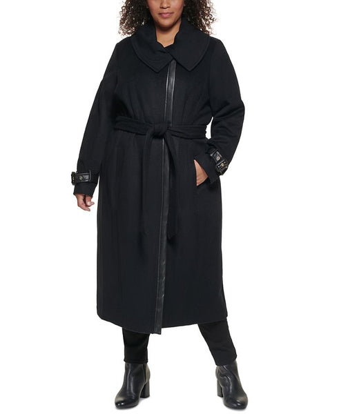 Cole Haan Plus Faux Leather Trim Wool Blend Belted Wrap Coat - Black