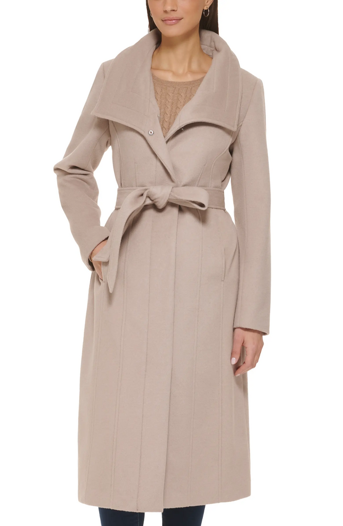 Cole Haan Signature Belted Wool Blend Zip Front Coat Stone Take