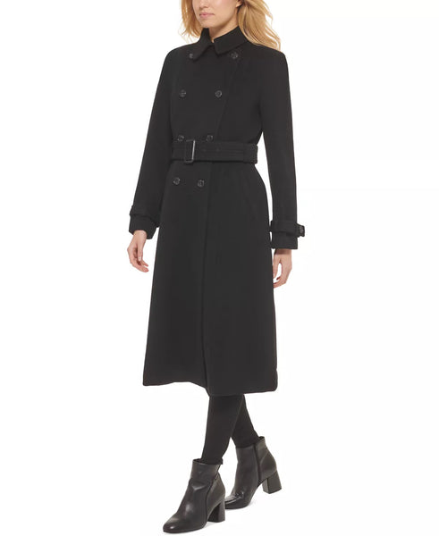 Cole Haan Double Breasted Wool Blend Belted Midi Coat - Black
