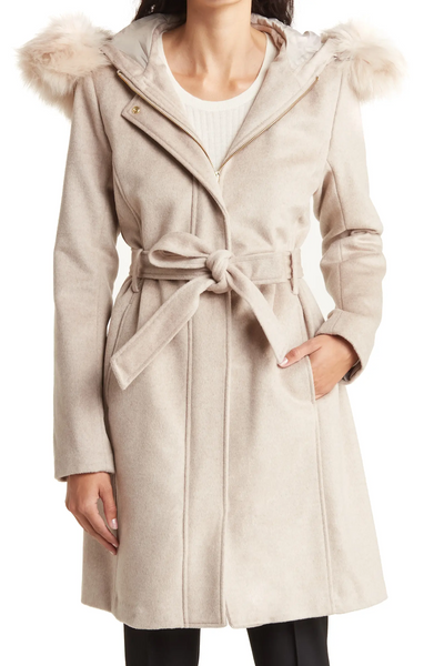 Cole Haan Faux Fur Trim Hooded Wool Blend Coat Plus Size - Bone