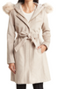 Image of Cole Haan Faux Fur Trim Hooded Wool Blend Coat Plus Size - Bone