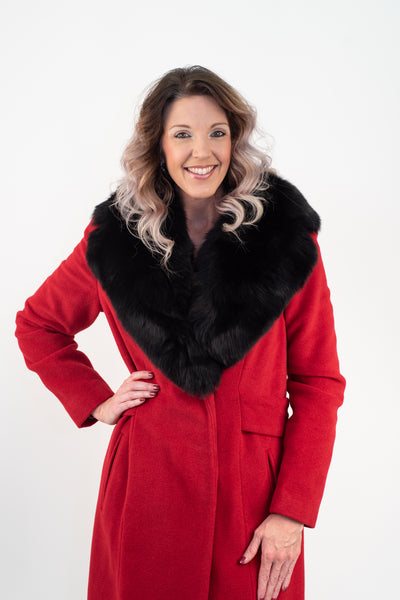 Donatella Wool/Angora Maxi Coat with Detachable Fox Fur Collar - Red