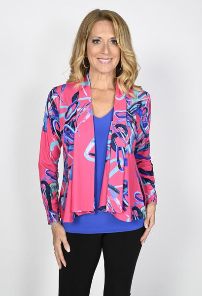 Frank Lyman Abstract Print Open Front Jacket - Fuchsia/Royal