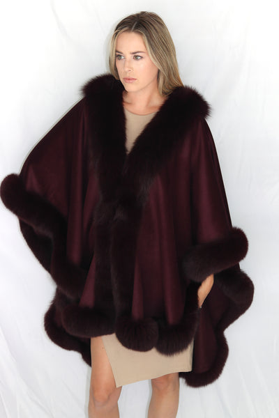 Rippe's Furs Cashmere Cape with Fox Fur Trim - Burgundy