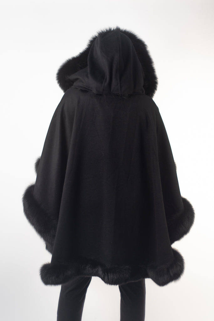Rippe's Furs Hooded Cashmere Cape with Fox Fur Trim - Black