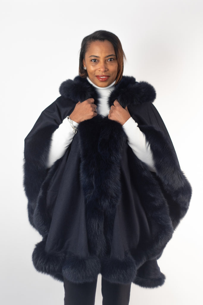 White Cashmere Cape with Genuine Fox Fur Trim for Women, One size fits all.