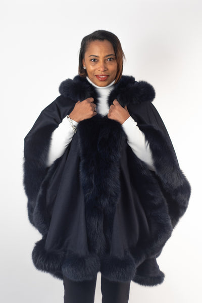 Rippe's Furs Hooded Cashmere Cape with Fox Fur Trim - Navy