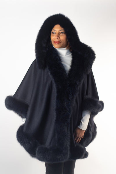 Rippe's Furs Hooded Cashmere Cape with Fox Fur Trim - Navy