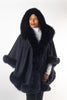 Image of Rippe's Furs Hooded Cashmere Cape with Fox Fur Trim - Navy