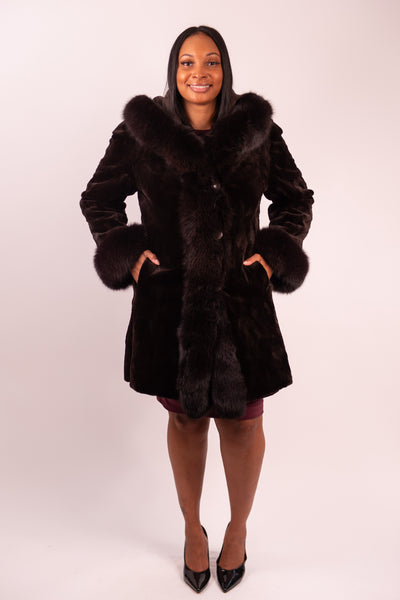 Rippe's Furs Reversible Diamond Sheared Hooded Mink Fur Stroller with Fox Fur Trim - Brown