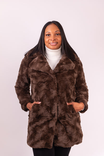 Kenneth Cole Textured Faux Fur Coat - Chocolate