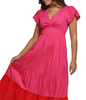 Image of Kensie Color Block Flutter Sleeve Cotton Maxi Dress with Pockets - Pink/Multicolor