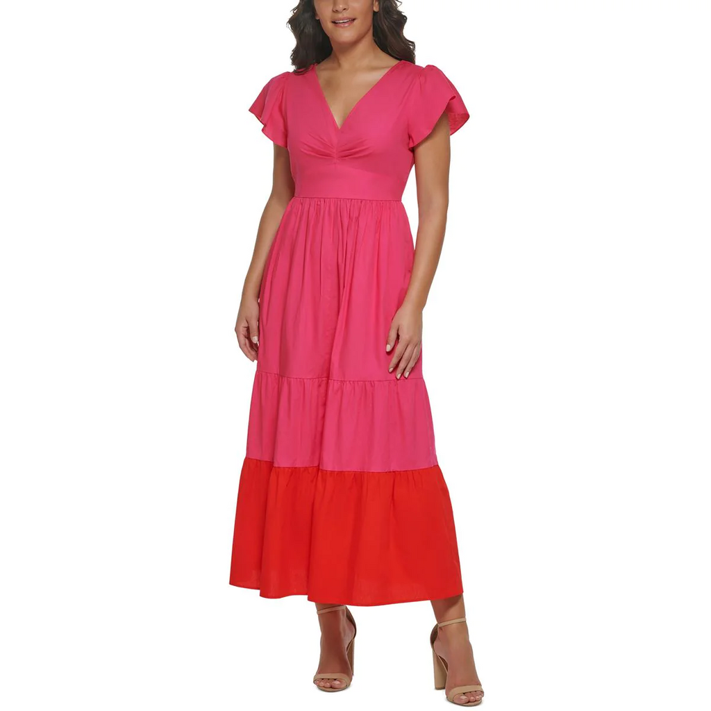 Kensie Color Block Flutter Sleeve Cotton Maxi Dress with Pockets - Pink/Multicolor