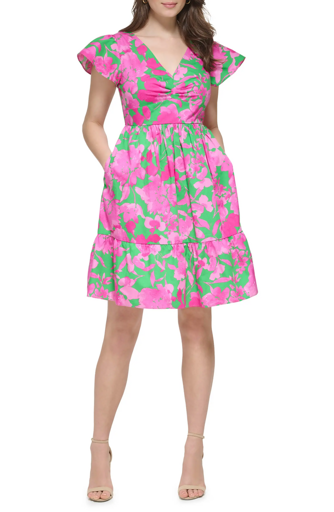 Kensie Flutter Sleeve Cotton Babydoll Dress with Pockets - Pink/Green