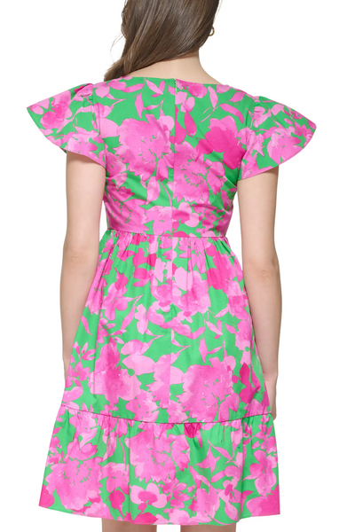 Kensie Flutter Sleeve Cotton Babydoll Dress with Pockets - Pink/Green