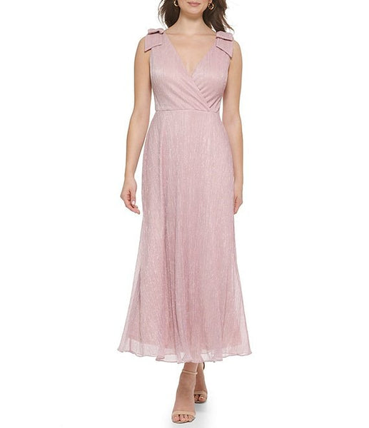 Kensie Metallic Surplice Bow Detail Tea Length Dress - Pink