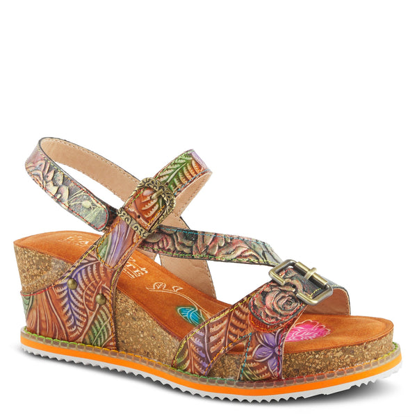 L'Artiste by Spring Step Anittas Floral Ankle Strap Wedge Sandal - Orange/Multicolor