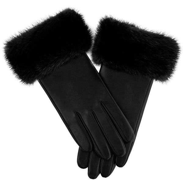 Rippe's Furs Leather Gloves with Canadian Mink Fur Trim - Black