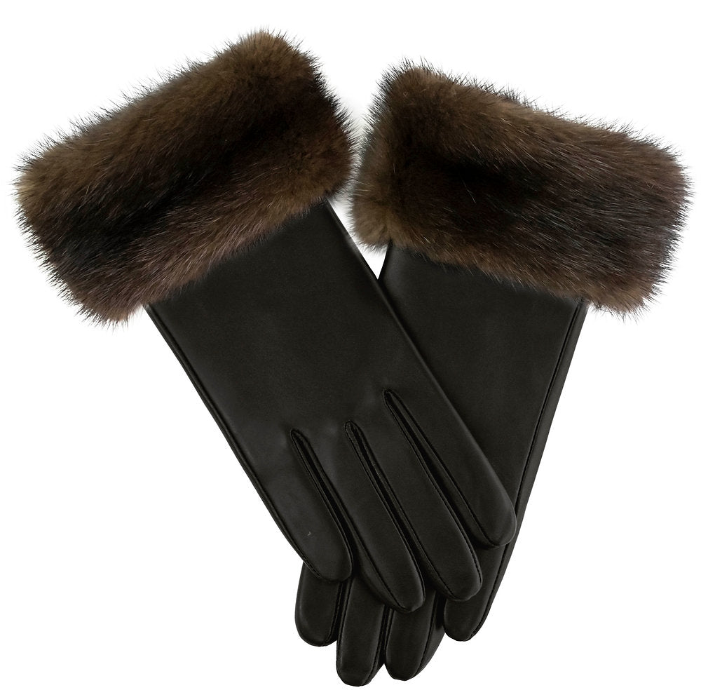 Rippe's Furs Leather Gloves with Canadian Mink Fur Cuffs - Mahogany (Brown)