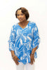 Image of Marble Palm Print Tie Sleeve V-Neck Top - Blue/White