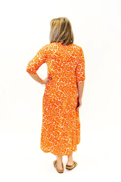 Marble Animal Print 3/4 Sleeve Tiered Midi Dress - Orange/White