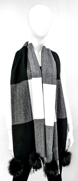 Rippe's Furs Color Block Scarf with Fox Fur Poms - Black/White