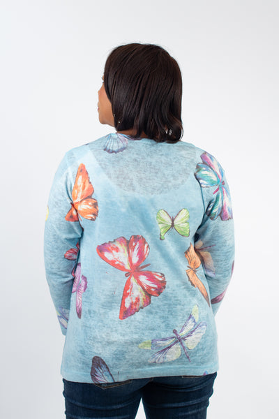 Nally & Millie Butterfly Print Knit Top - Blue/Multicolor