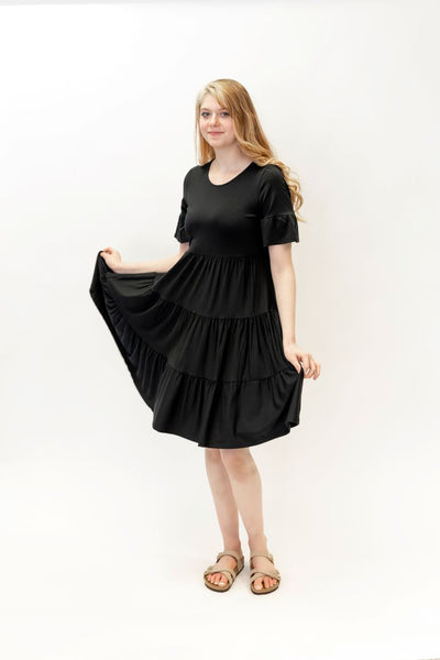 Pure Essence Tiered Bell Sleeve Dress - Black