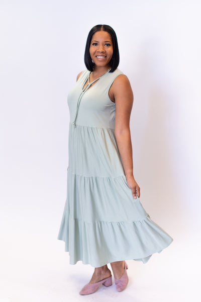 Pure Essence Sleeveless Tassel V-Neck Dress - Mist
