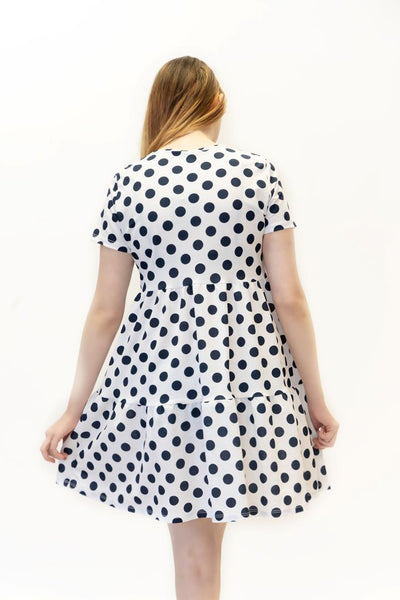 Pure Essence Short Sleeve Polka Dot Baby Doll Dress - White/Indigo