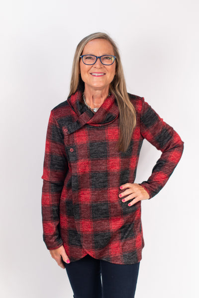 Pure Essence Plaid Tab Collar Overlay Tunic - Red/Black