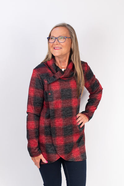 Pure Essence Plaid Tab Collar Overlay Tunic - Red/Black