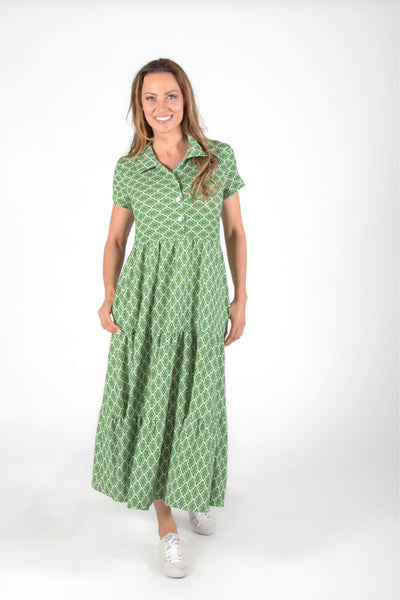 Pure Essence Tiered Maxi Shirt Dress - Green/Multicolor