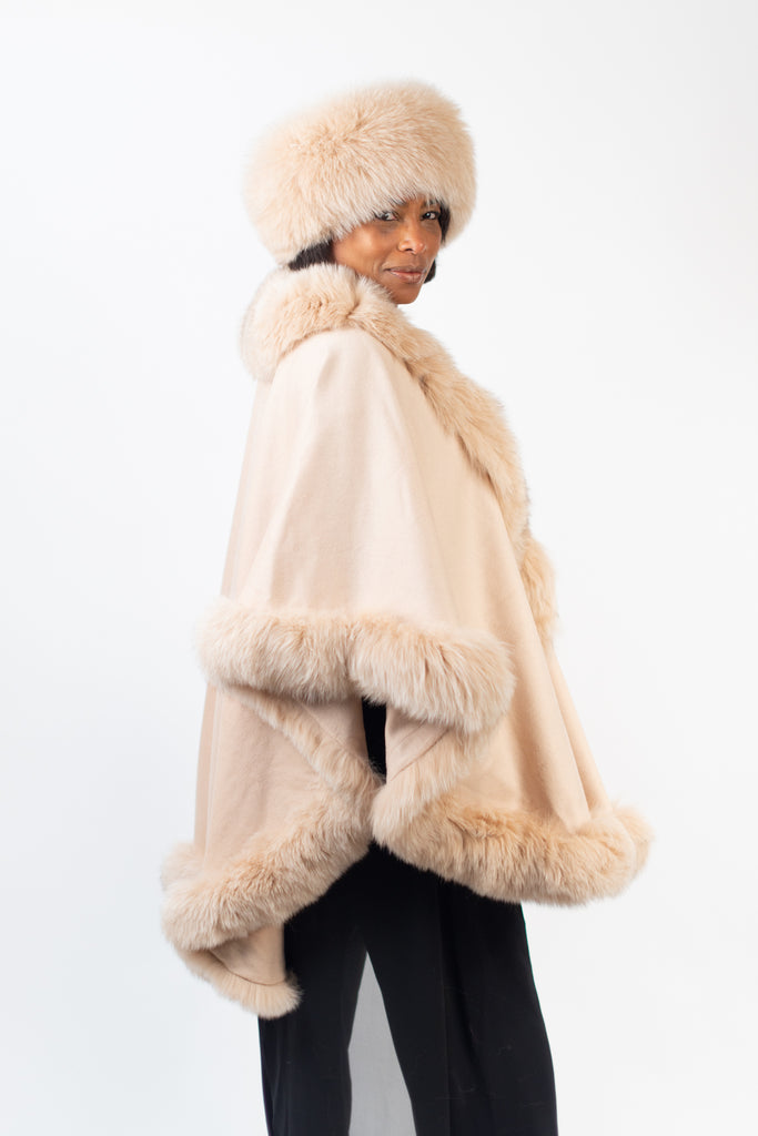 Rippe's Furs Cashmere Cape with Fox Fur Trim - Beige