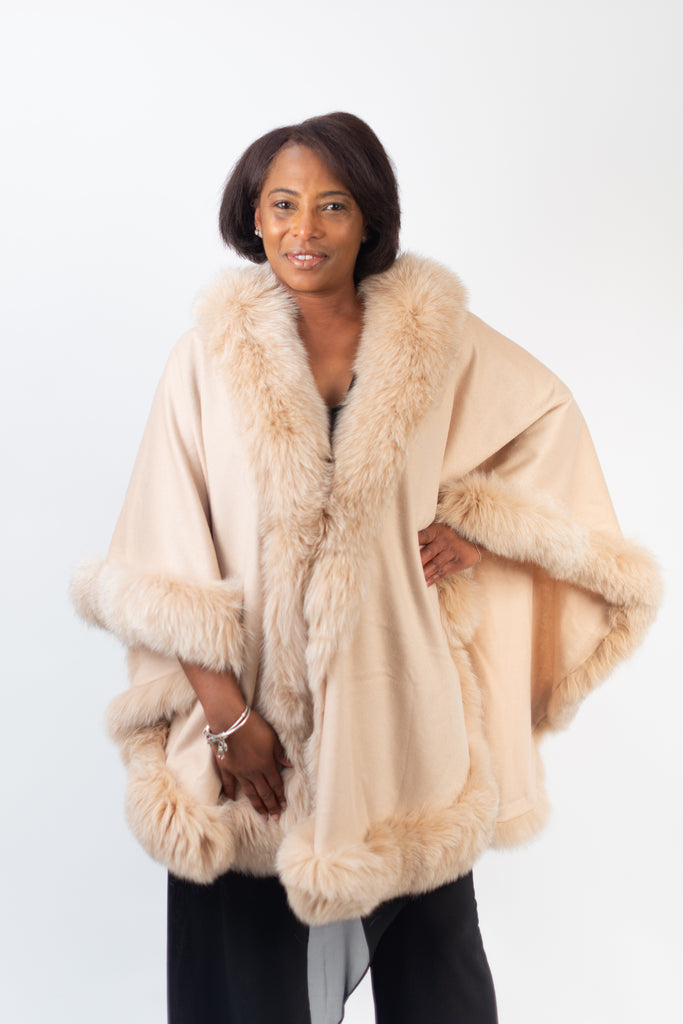 Rippe's Furs Cashmere Cape with Fox Fur Trim - Beige